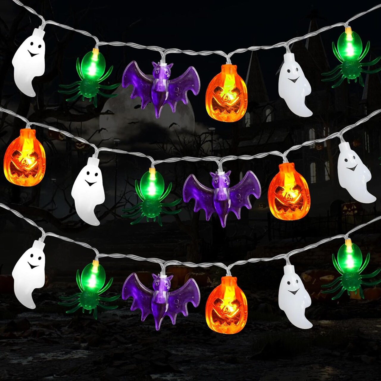 20FT 40 LED 3D Pumpkin Bat Ghost Spider Battery Operated String Lights(Orange,Purple,White,Green)